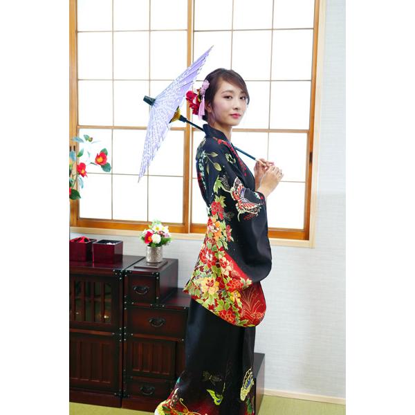 レディース着物セット 黒牡丹 仮装用 着物 浴衣 コスプレ 衣装 髪飾り 扇子付き 帯は帯紐で留める簡易仕様 |  | 07