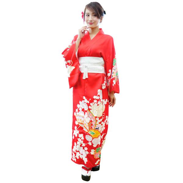 レディース着物セット 朱蝶 仮装用 着物 浴衣 コスプレ 衣装 髪飾り 扇子付き 帯は帯紐で留める簡易仕様 | 