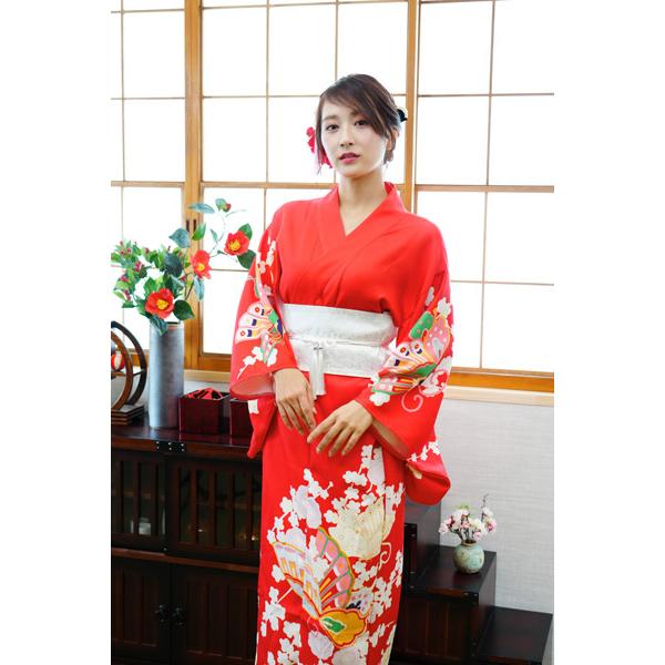 レディース着物セット 朱蝶 仮装用 着物 浴衣 コスプレ 衣装 髪飾り 扇子付き 帯は帯紐で留める簡易仕様 |  | 07
