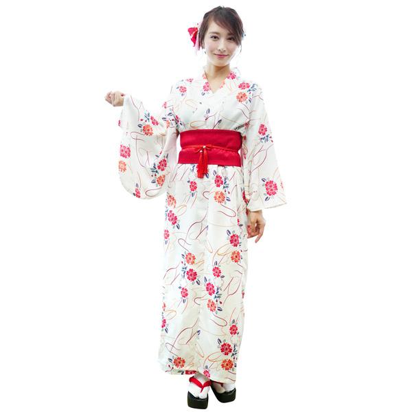 レディース着物セット 白花 仮装用 着物 浴衣 コスプレ 衣装 髪飾り 扇子付き 帯は帯紐で留める簡易仕様 | 