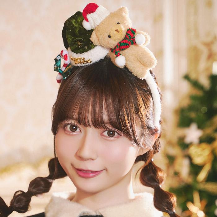 テディベア ベロアサンタカチューシャ 緑 クリスマス サンタ帽 カチューシャ | 