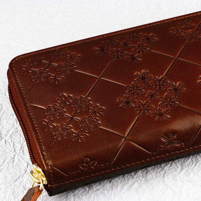 イタリア製 レザー 花柄型押し 長財布 牛革 ブラウン 茶 ロング