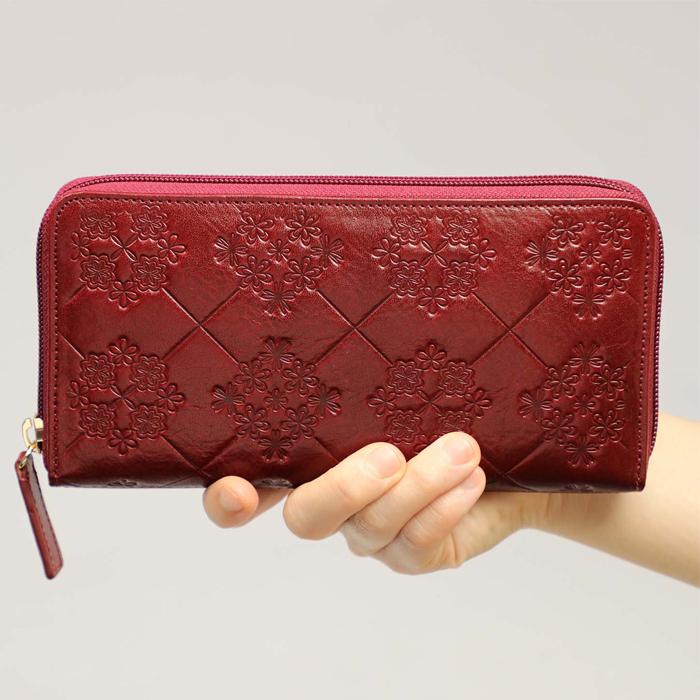 イタリア製 レザー 花柄型押し 長財布 牛革 ワイン ロング ウォレット