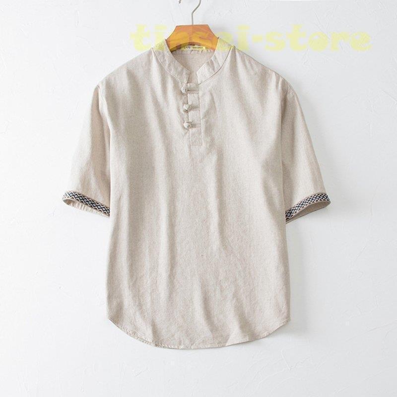 爆売り 五分袖 リネン 麻 半袖 トップス メンズ Tシャツ ティーシャツ 亜麻無地半袖トップスカジュアル上着リネンシャツ チャイナ風 ナチュラル ゆったり ラウンドネック 丸首 おしゃれ 無地 民族風 シャツ カジュアルシャツ Dagl Tg