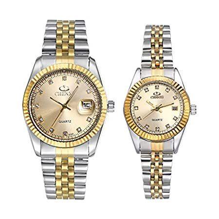 【今日の超目玉】  JewelryWe ラグジュアリー カップルウォッチ ゴールドトーン ステンレススチール クォーツ カレンダー 腕時計 ラインストーン 彼と彼女の時計並行輸入品 腕時計