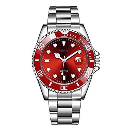 最安価格 カレンダー クォーツ腕時計 ステンレススチール メンズ スポーツ シルバーレッド。並行輸入品 高級ファッションウォッチ カジュアル ビジネス 防水 腕時計