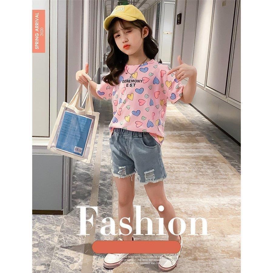 子供服 セットアップ キッズ 女の子 半袖 夏 トップス Tシャツ ハーフパンツ 短パン デニムパンツ ジーンズ 韓国子ども服 ジュニア おしゃれ 可愛い カジュアル 全てのアイテム