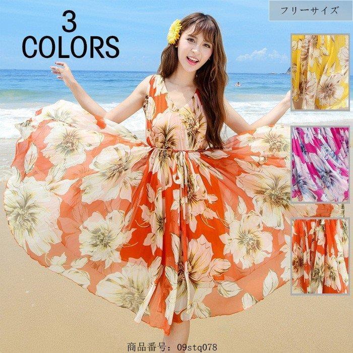 ワンピース レディース ワンピース 夏 ミディアムワンピ 花柄 フレアスカート 海ワンピ シフォン リゾートワンピース ボヘミア 大きいサイズ Vネック 高級素材使用ブランド