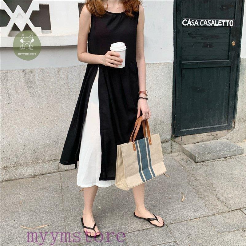 ワンピース レディース Aライン Aライン おしゃれ ゆったり スリット ノースリーブ バックスリット フレア マキシ 切り替え 可愛い 夏コーデ 異素材 重ね着風 美品 夏コーデ