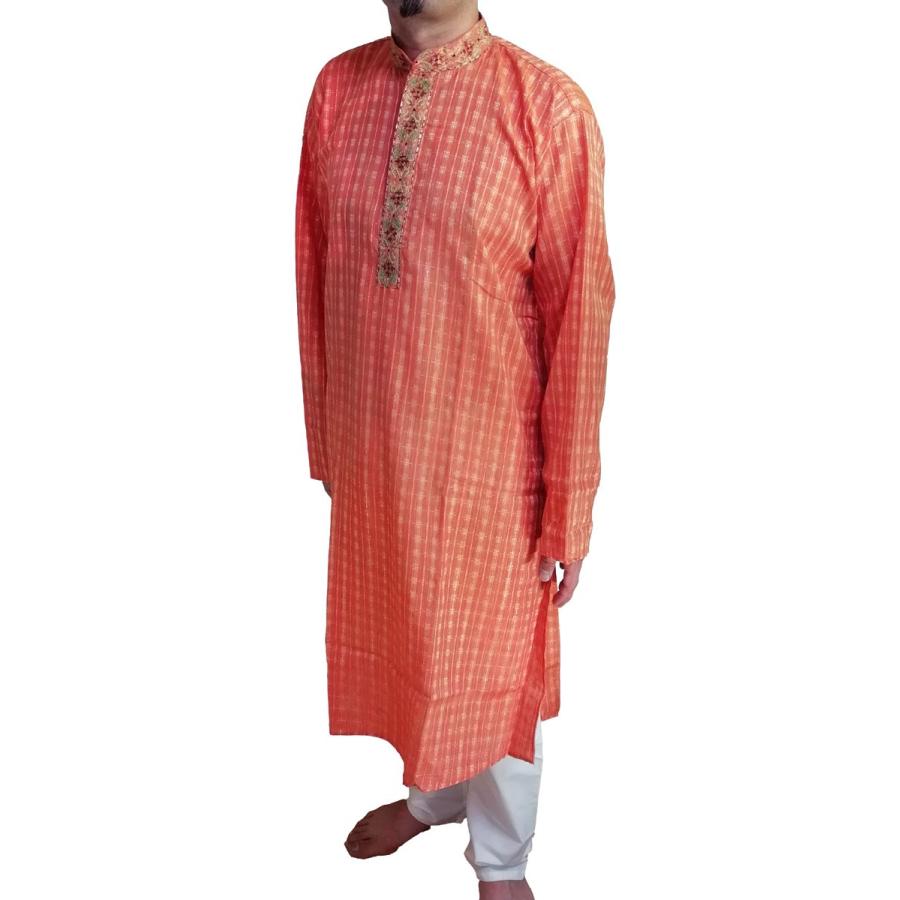 インドの男性用民族衣装クルターパジャマ （XL） ちょっと豪華版 橙色 スタンドカラー FU-KR101 その他メンズファッション