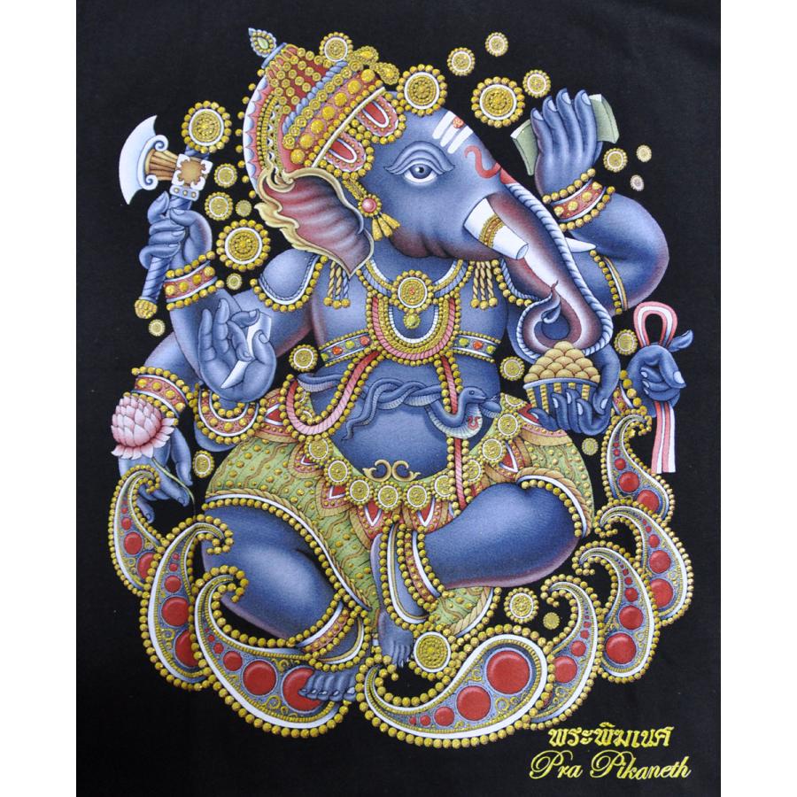 ヒンドゥー神様Tシャツ ガネーシャ メンズL 半袖 黒 タイ製 エスニック