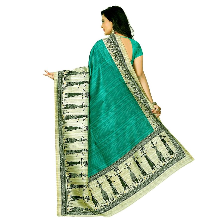 送料無料】インド民族衣装サリー シルク調レーヨン エメラルドグリーン 