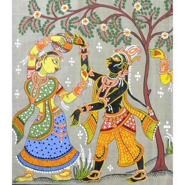 インドの細密画 オリッサ様式のラーダ・クリシュナとゴーピー達 インドの細密画 オリッサ様式のラーダ・クリシュナとゴーピー達