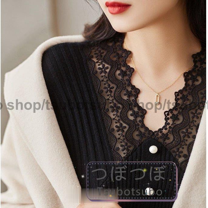 ニットトップス レディース 秋冬 40代 長袖 ニットトップス レースvネック セーター 白 黒 ショット丈 ニットソー 細身 ニットインナー 大人 おしゃれ 50代 30代 楽天ランキング1位