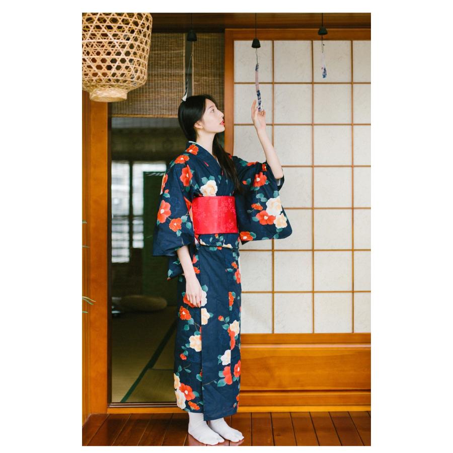 浴衣 2点セットモダン レディース フリーサイズ セット 古典 椿 赤 黒 浴衣 2点セットモダン レディース フリーサイズ セット 古典 椿