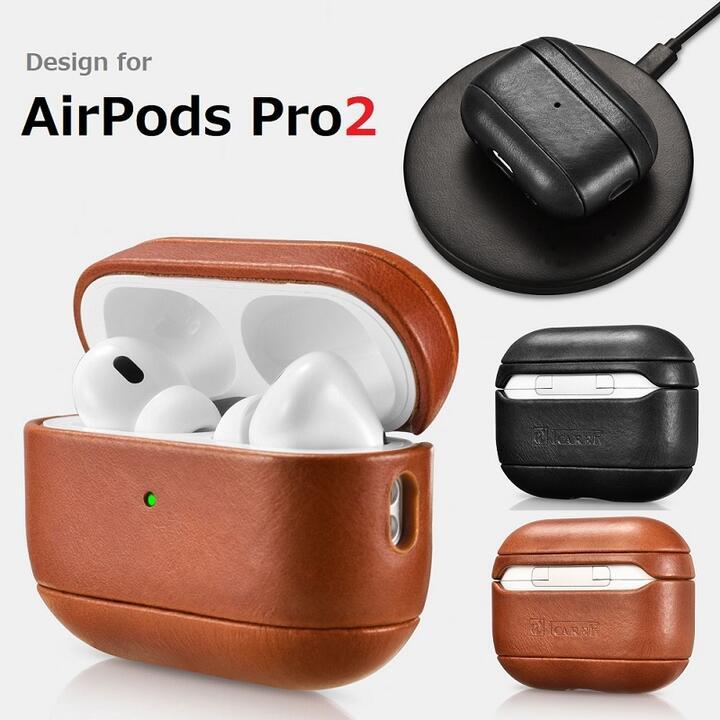 AirPods Pro2本体 革ケース付き iCARERアップルAirPods Pro 2（第2世代）用ストラップ付 本革