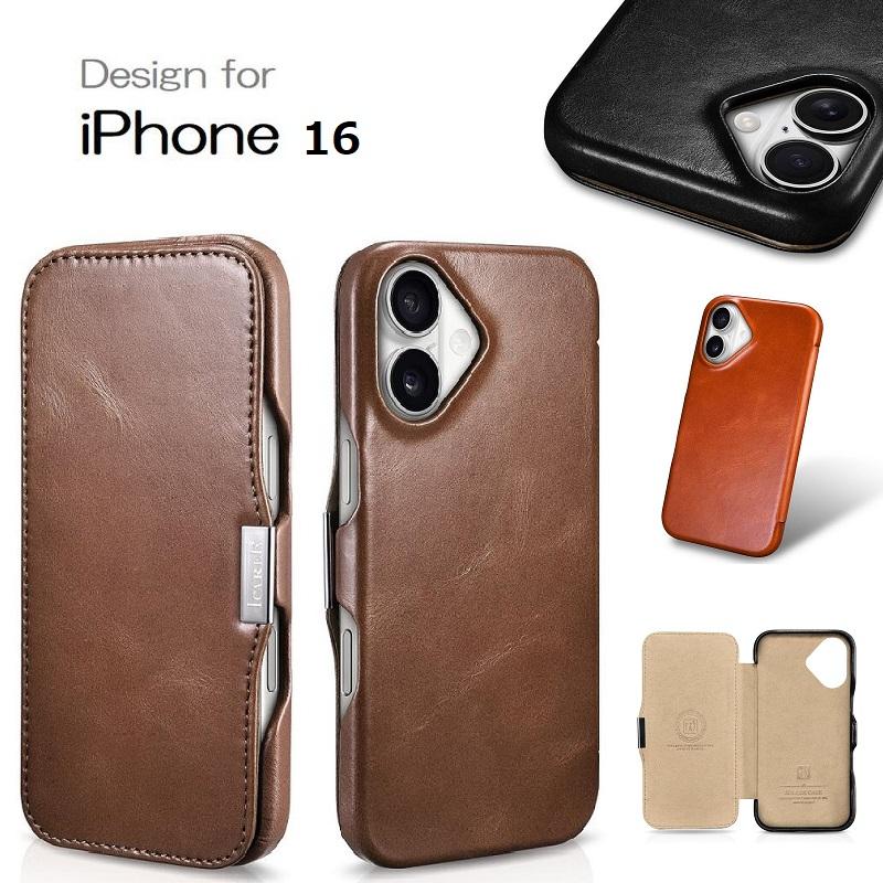 正規品】iCARER iPhone 16/ 16 Pro対応機種選択 本革 手帳型 メタル