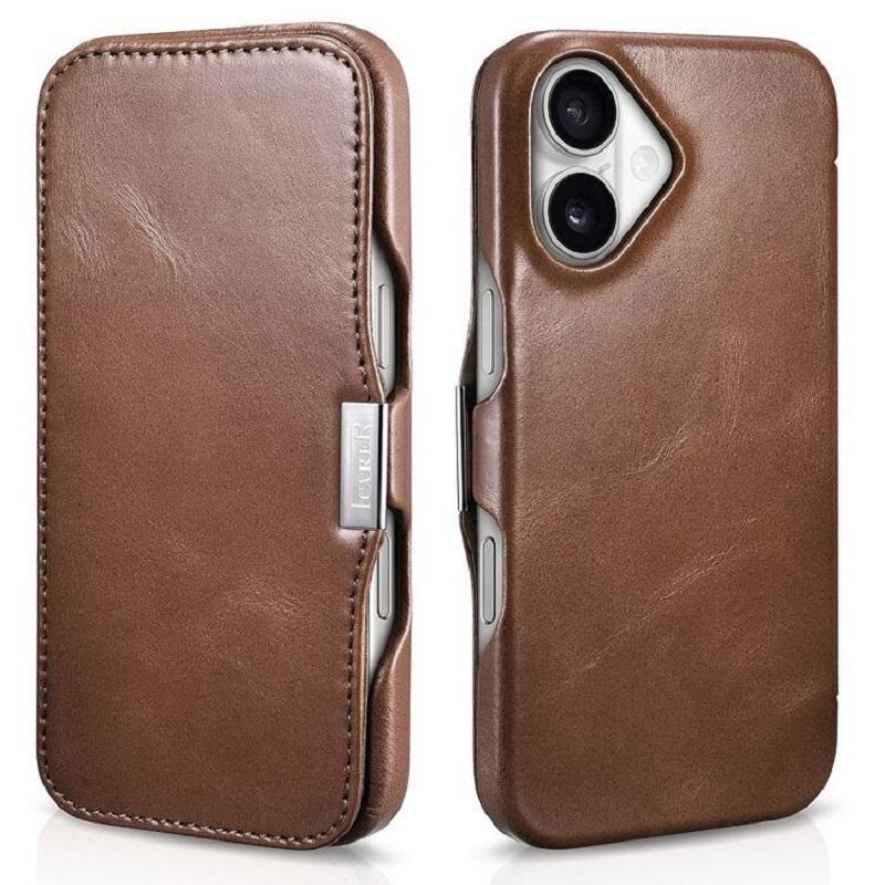 iCARER iPhone 16 用本革 手帳型 メタルクリップ オイルワックス 