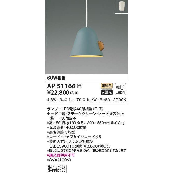 コイズミ照明 AP51166 ペンダントライト 非調光 LEDランプ 電球色 