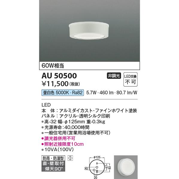 コイズミ照明　AU50500　アウトドアライト LED一体型 非調光 昼白色 防雨・防湿型 直・壁取付 傾斜天井対応 ホワイト