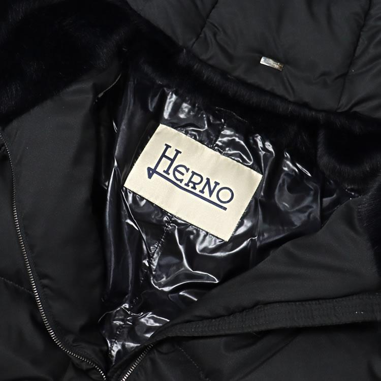 ヘルノ HERNO ダウン ダウンジャケット ダウンコート レディース Aシェイプ フード付き エコファー ロング丈 ミドル丈 撥水 軽量 きれいめ 黒 ブラックの画像