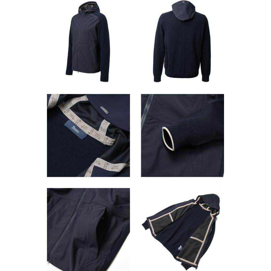 美品 ヘルノ HERNO 異素材 フーテッド ブルゾン ネイビー パーカー 38 HERNO（ヘルノ） | ウールナイロン異素材コンビ ネイビー ダウンコート
