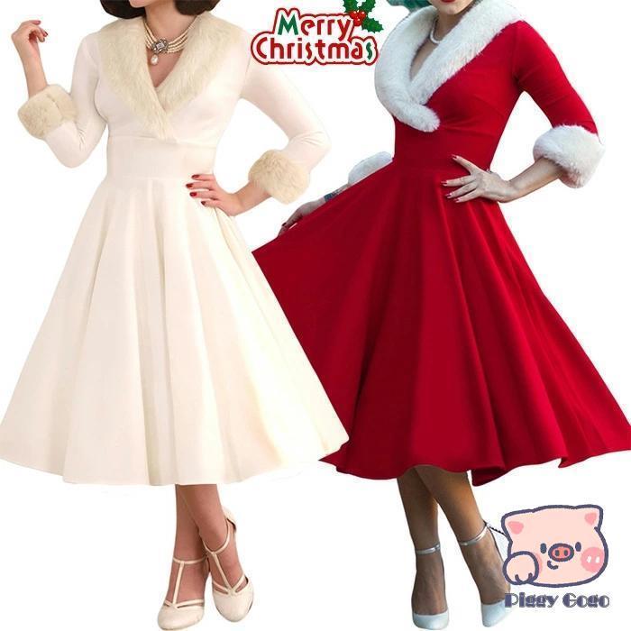 クリスマス レディースドレス サンタ 雪だるま プリント もこもこ