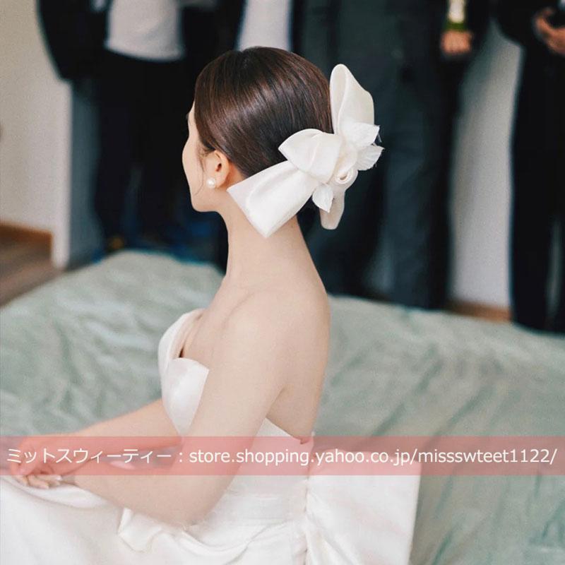 ウエディングヘッドドレス大きいリボンホワイト髪飾り花嫁ウェディング結婚式披露宴ブライダルパーティー二次会韓国風前撮りヘアアクセサリー |  | 01
