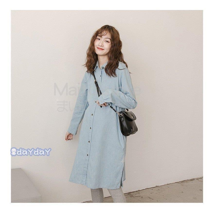 新生活 マタニティー ワンピース デニム 春夏 マキシ丈ワンピース デニムワンピース長袖 Vネック ロング丈デニムシャツ 妊婦服 カジュアルウェア Materialworldblog Com