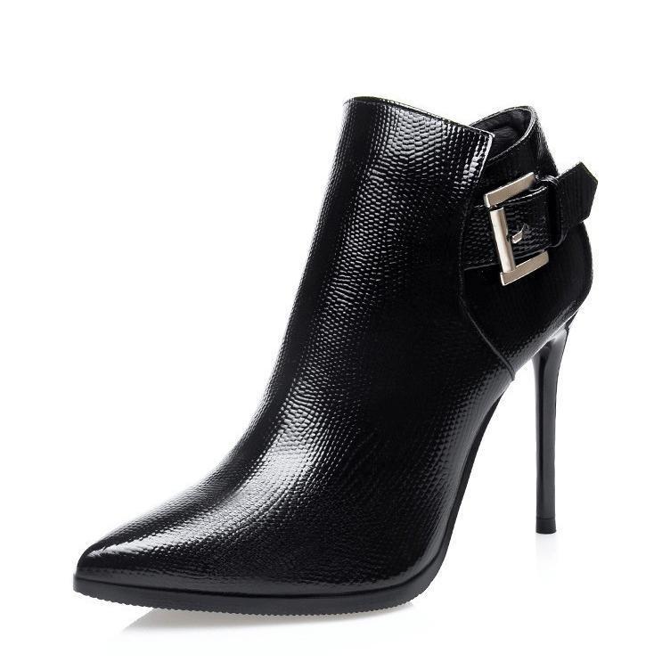 黒いブーティ 中ヒール 8cm太ヒール サイドジッパー ポインテッドトゥ レディース