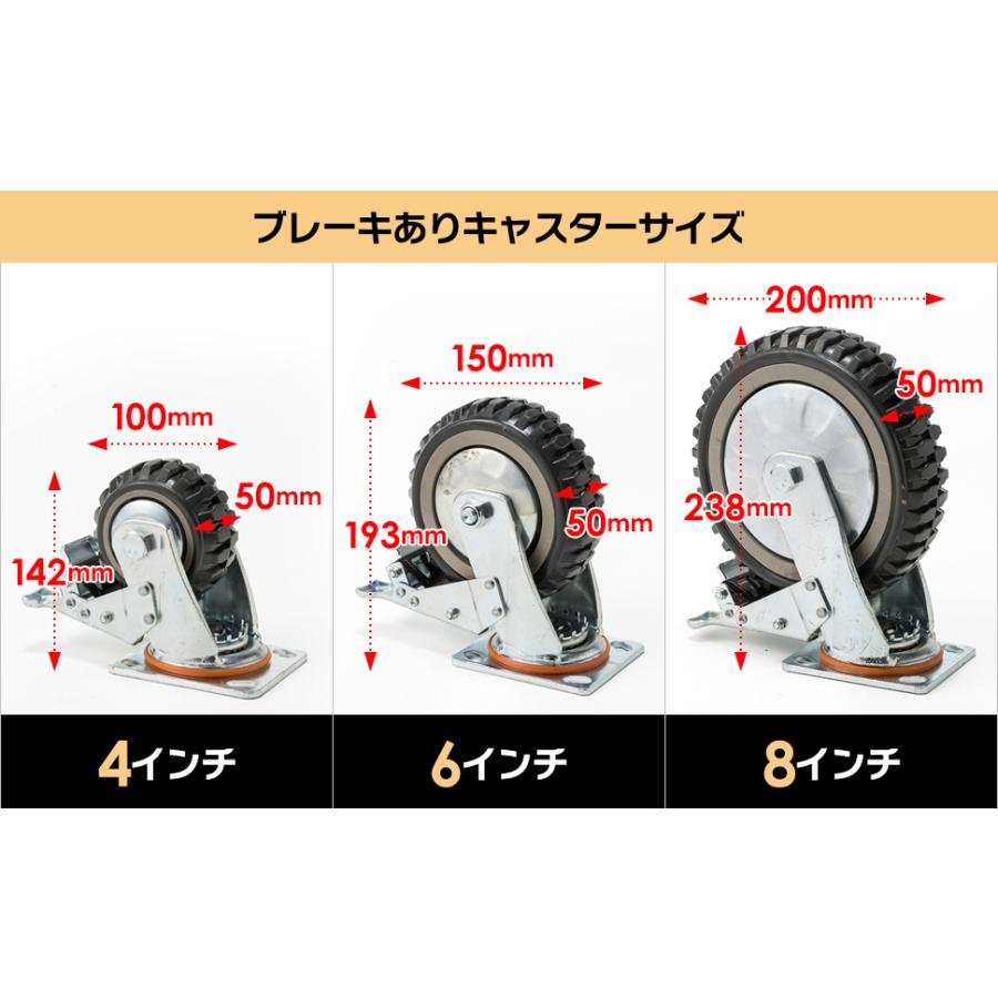 産業用キャスター 4インチ 直径Φ100mm 4個セット(ブレーキ有り×2個 
