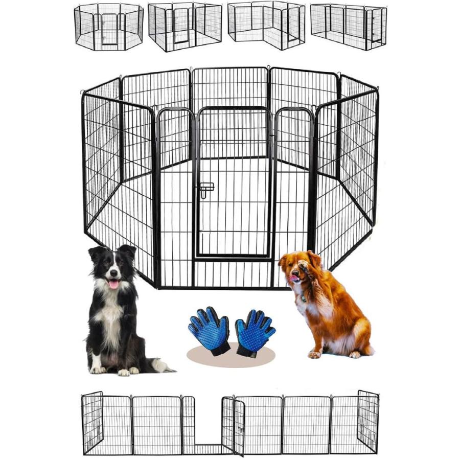 Sasuga ペットフェンス 大型犬 中型犬（ ペットグローブ付 ）扉付き 折り畳み式 多頭飼い パネル8枚 ペットサークル クレート 室内 屋外 (80×80cm)