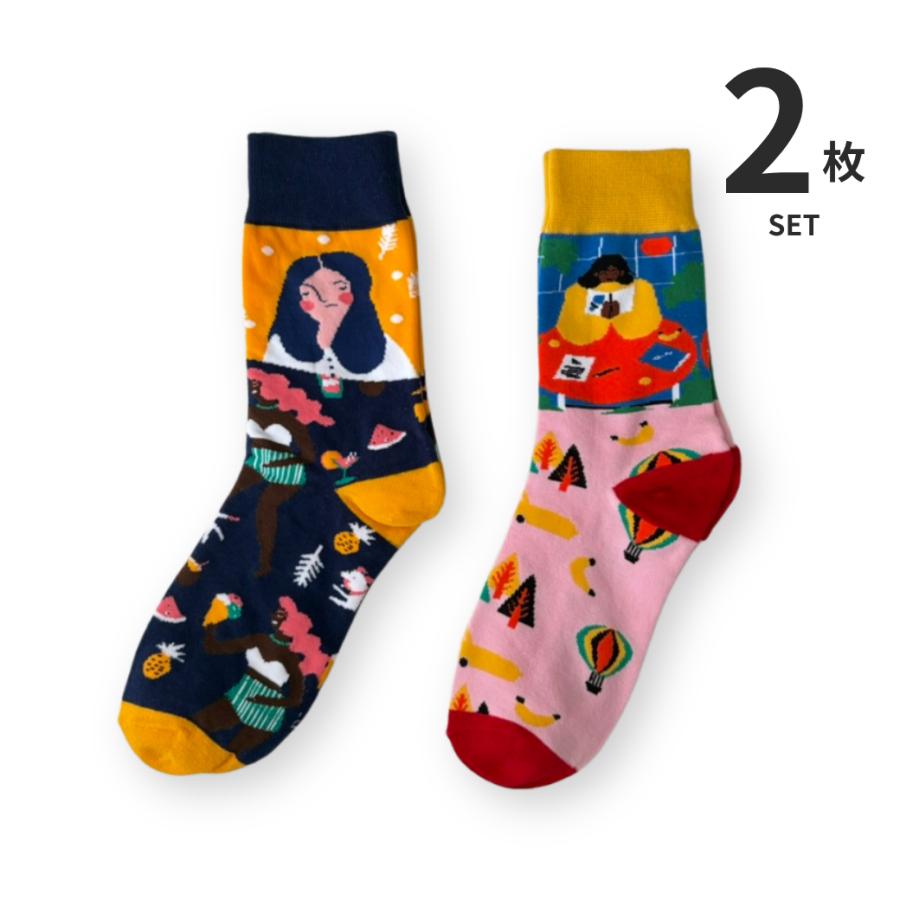 靴下 レディース 2足セット 総柄 クルーソックス かわいい | 