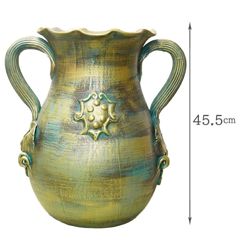 陶器製 壺 花瓶 傘立て つぼ 花器 高さ45cm グリーン×ゴールド イタリア製 陶器 傘立て / アンブレラスタンド 花柄 グリーン