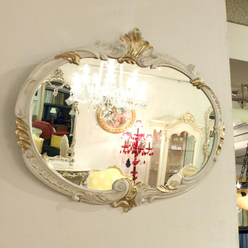クラシック調フレーム 楕円 横 ウォールミラー 白×ゴールド