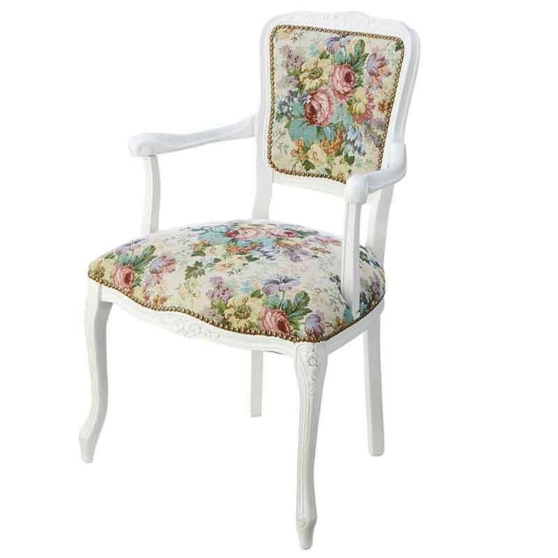 イタリア製 アームチェア ゴブランフラワー 幅54cm チェア 椅子 いす イス 肘付き インテリア 花柄 輸入家具 ホワイト 薔薇 超激得SALE ローズ 猫脚 名入れ無料 肘付