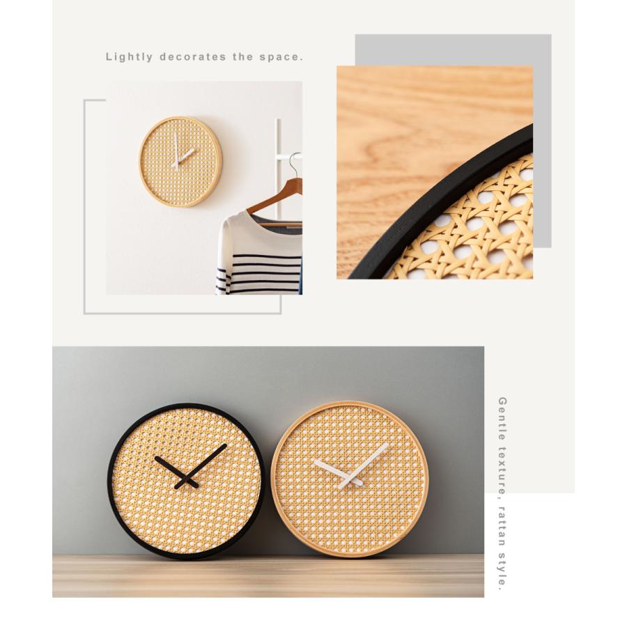 壁掛け時計 ウォールクロック 静音 静か 電池式 軽量 アナログ 円形 ウッド 木 木製 天然木 ラタン調 数字なし スイープムーブメント 薄型 フック リビング 寝室 | 東谷 | 05