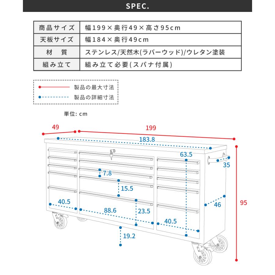 東谷 ツールキャビネット 幅199 木目 キャスター付き 移動 引き出し
