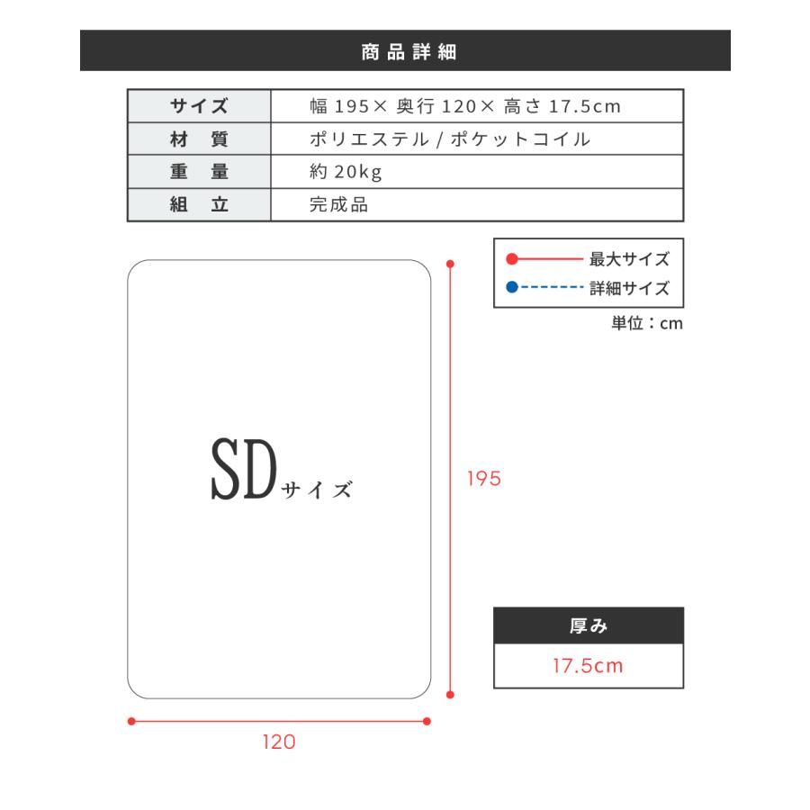 マットレス セミダブル ポケットコイル コイル 体圧分散 厚い 厚み10cm以上 寝具 ゆったり 一人 一人暮らし 極厚 高さ17.5cm シンプル 揺れにくい 体圧分散 | 東谷 | 12