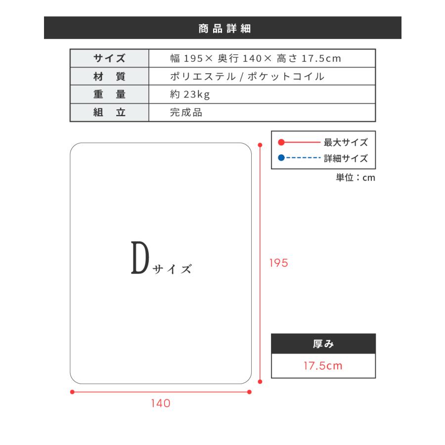 マットレス ダブル ポケットコイル コイル 体圧分散 厚い 厚み10cm以上 極厚 シンプル モダン 体圧分散 寝具 揺れにくい フィット 肩こり 高さ17.5cm シンプル | 東谷 | 12