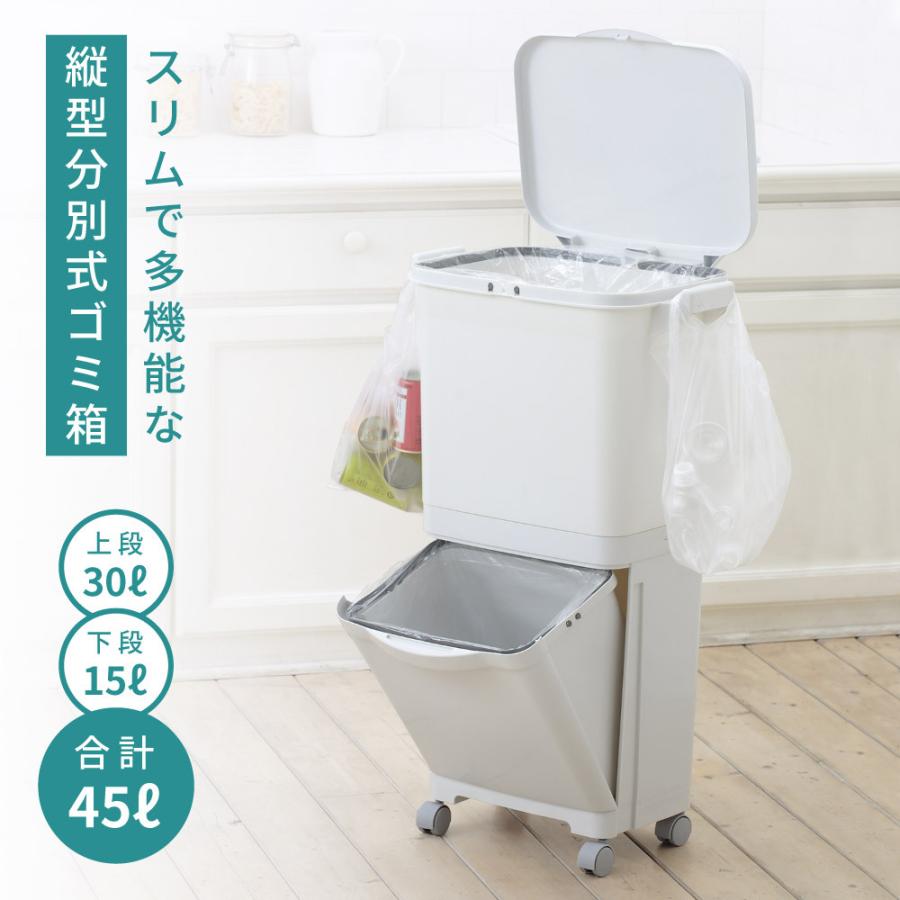 ゴミ箱 30リットル 15リットル おしゃれ 分別 2段 ごみ箱 ダストボックス 蓋付き スリム キッチン フタ付き 30L 15L キャスター ワゴン 大型 ホワイト | 東谷 | 01