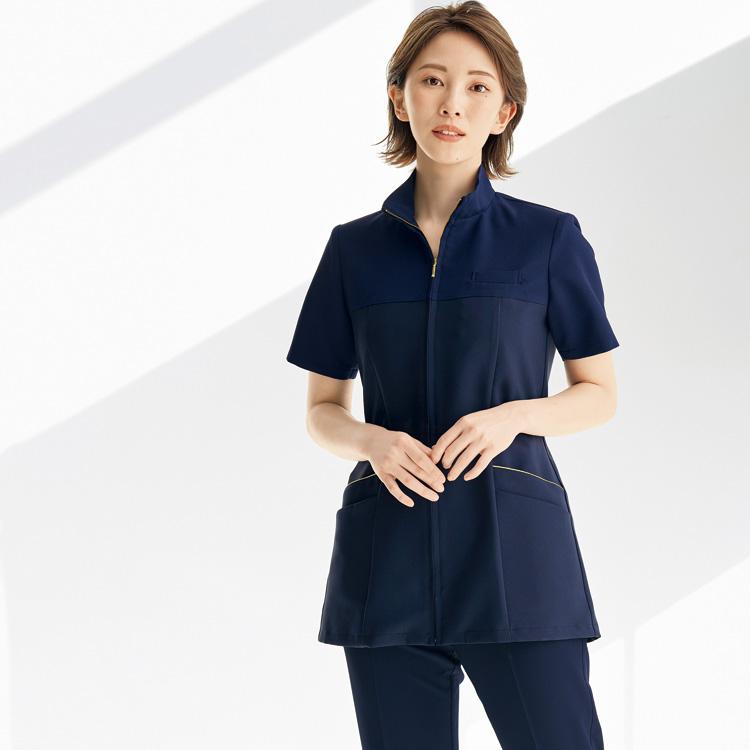 アンジョア レディース 半袖 チュニック ジップ ジャケットトップス 防透 美容 エステ ネイルサロン クリニック 医療 スクラブ ユニフォーム 制服 ジョア 42084 アンジョア レディース 半袖 チュニック ジップ ジャケットトップス 防