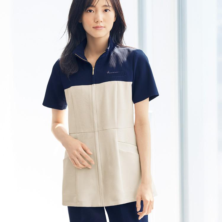 アンジョア レディース 半袖 チュニック ジップ ジャケットトップス 防