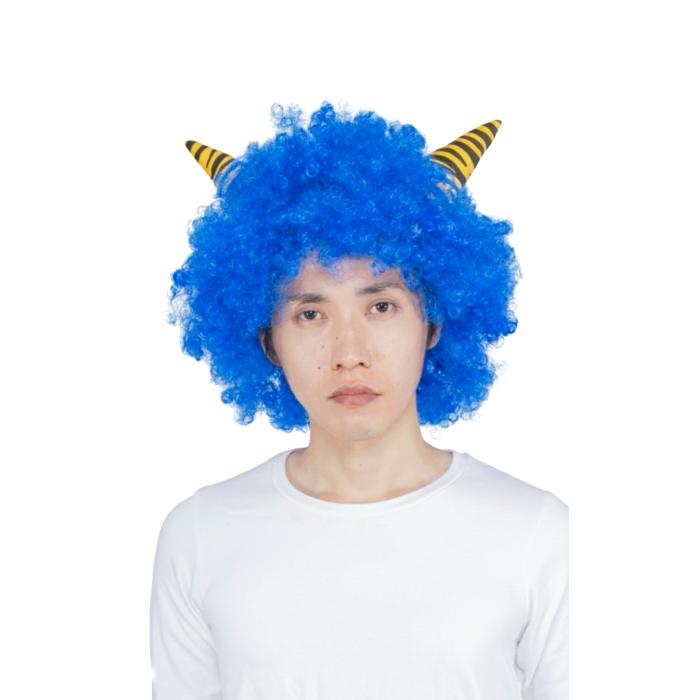 角付き 鬼アフロヘアー 青 節分 簡単 被るだけ ウィッグ かつら