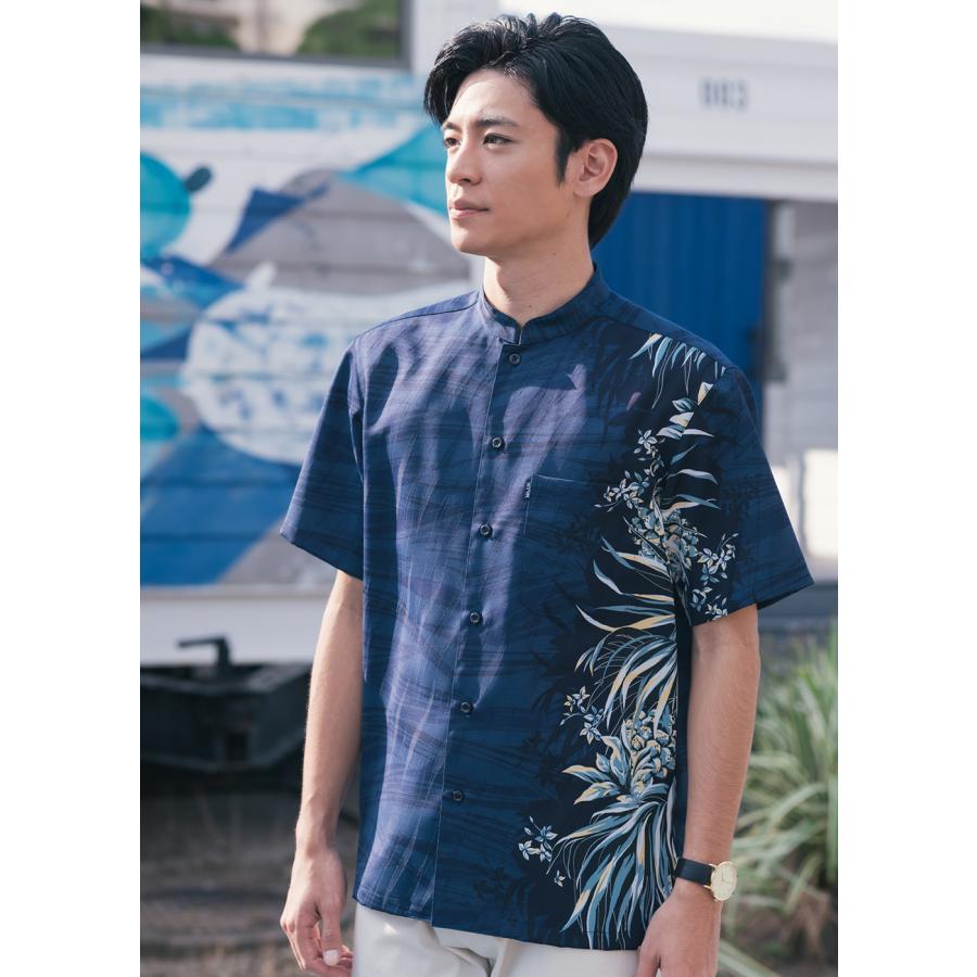 手作りのポリエステル縮緬生地メンズかりゆしMサイズ紺色のマオカラー MAJUN（マジュン） かりゆしウェア 沖縄 アロハシャツ かりゆし 結婚式