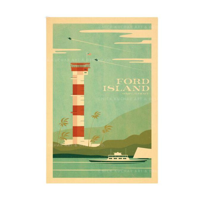 ニックカッチャー ハワイトラベルプリント Ford Island, Oahu【Nick Kuchar  nickkuchar  ハワイ ハワイアンアート ハワイアン雑貨  ポスター 絵】 | 