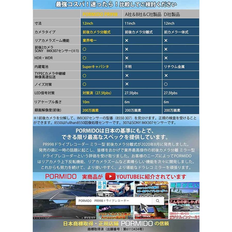 ドライブレコーダー PORMIDO PR998 リアカメラズーム機能 ミラー型