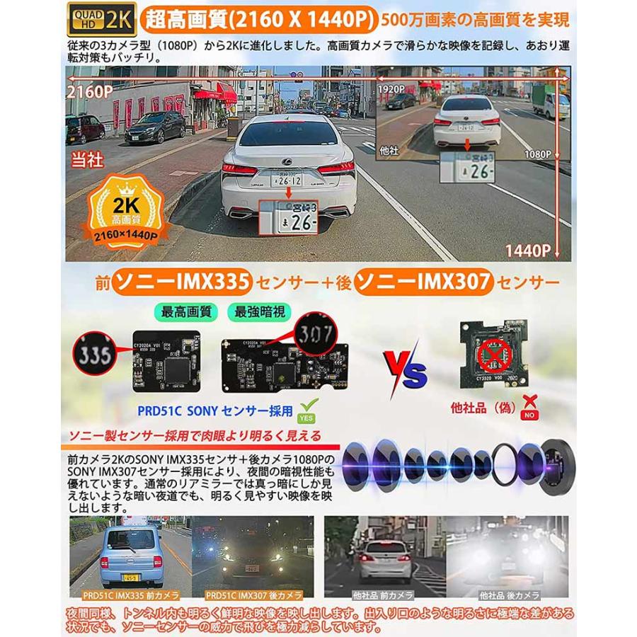 ドライブレコーダー PORMIDO PRD51C ミラー型 3カメラ分離式 2K高画質