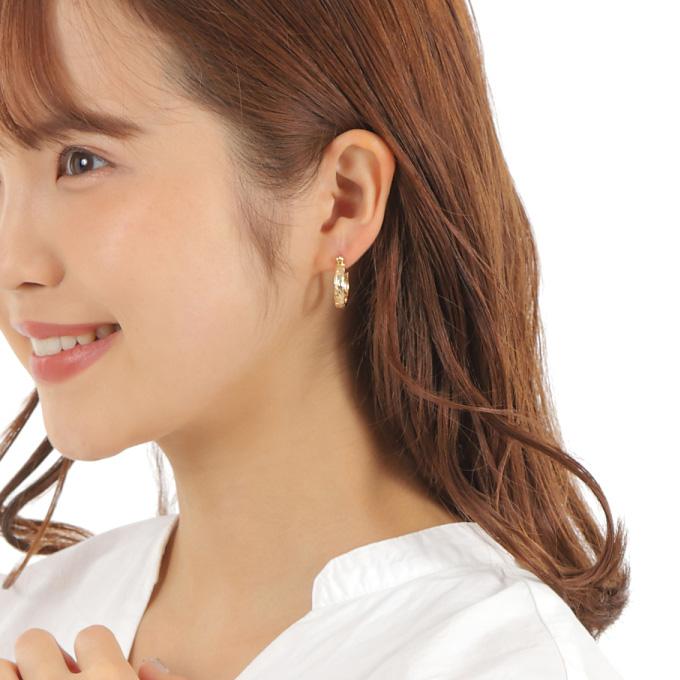 ハワイアンジュエリーピアス 14金 14K ゴールド フープ タイプ 幅4ミリ 厚み1ミリ 直径1.7センチ イエローゴールド 波 プルメリアの画像