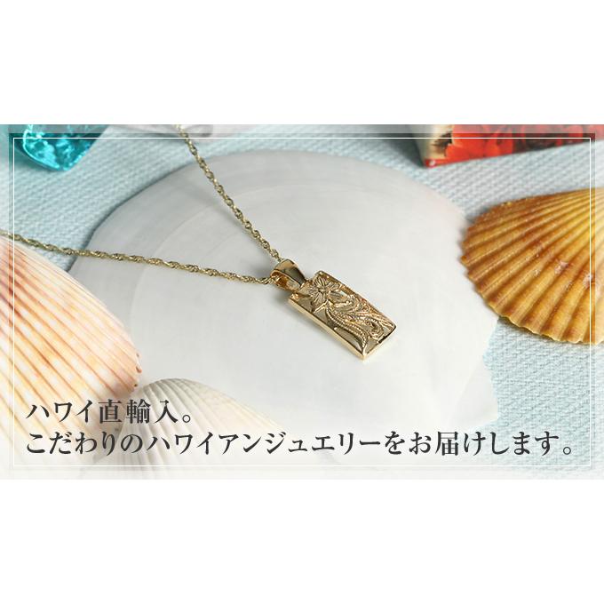 ハワイアンジュエリーネックレス 【チェーン付】 ゴールド ペンダント 14金 14K イエローゴールド スクエア プルメリア 波 花 プチの画像
